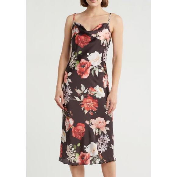 Bebe Satin Midi Slip Dress Floral Print Draped Cowl Neck Spaghetti Strap Black - Picture 1 of 10